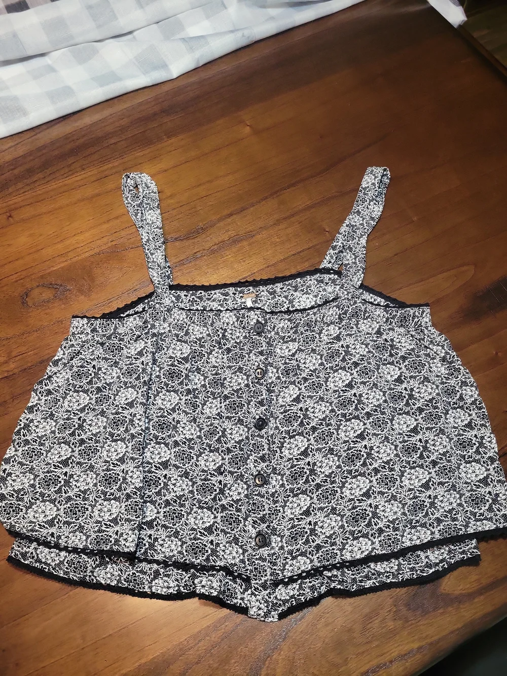 Free People Black & White Floral Button Cami with Lace Trim